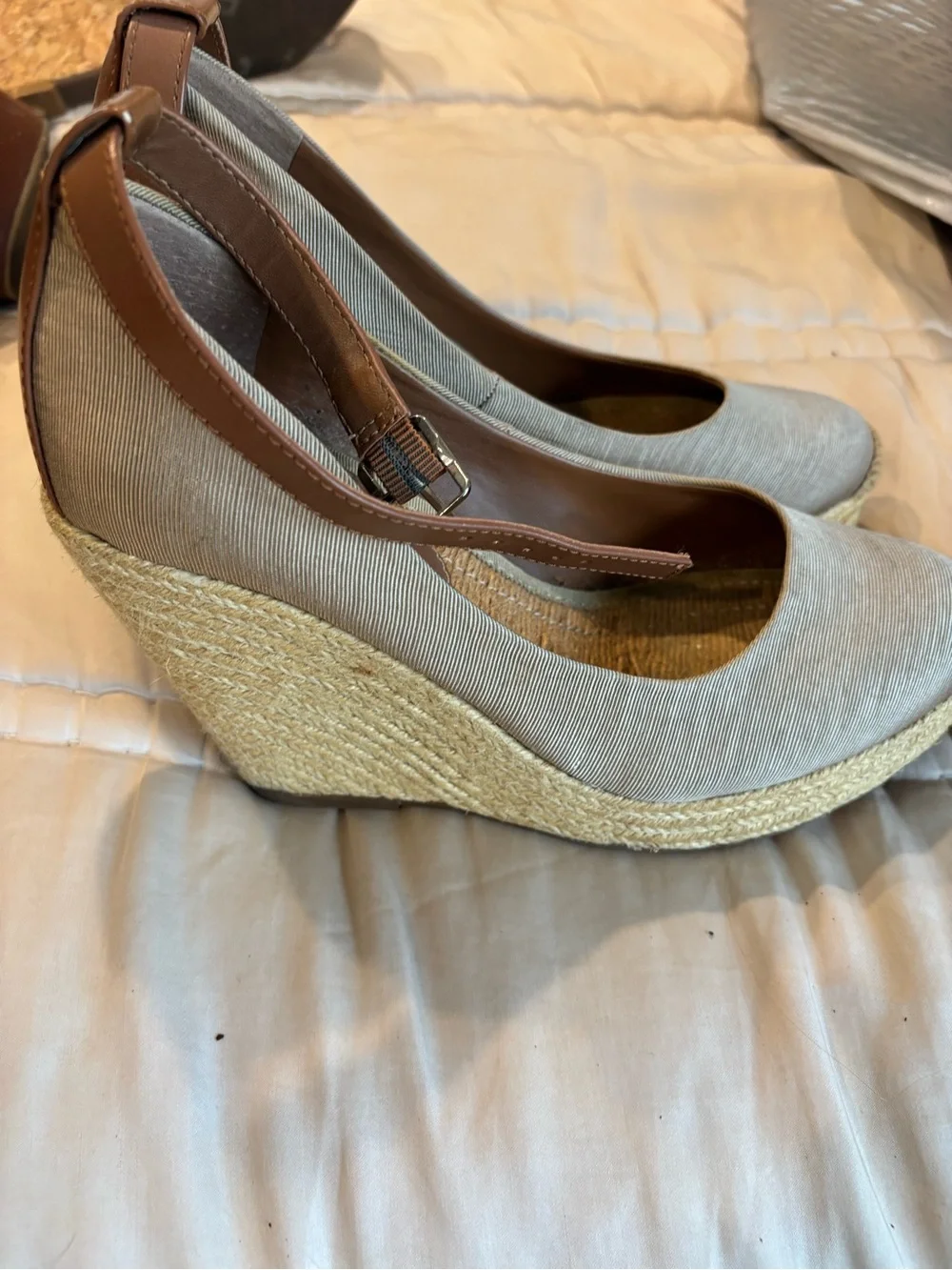 BCBGeneration Neutral Taupe Espadrille Wedges with Brown Ankle Strap